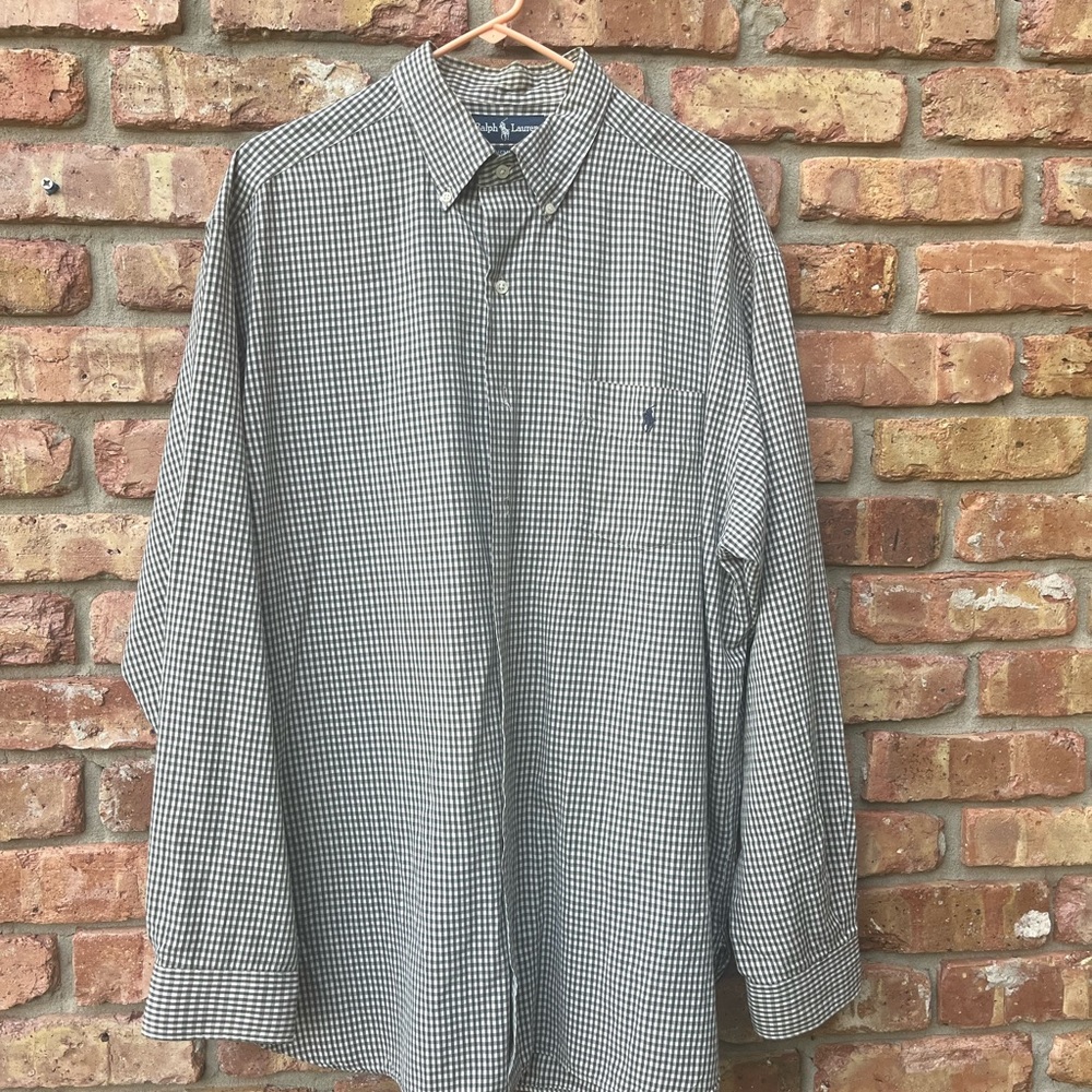 RALPH LAUREN XL MENS GREEN WHITE PLAID CHECKERED LONG SLEEVE COTTON MCMEEL SHIRT